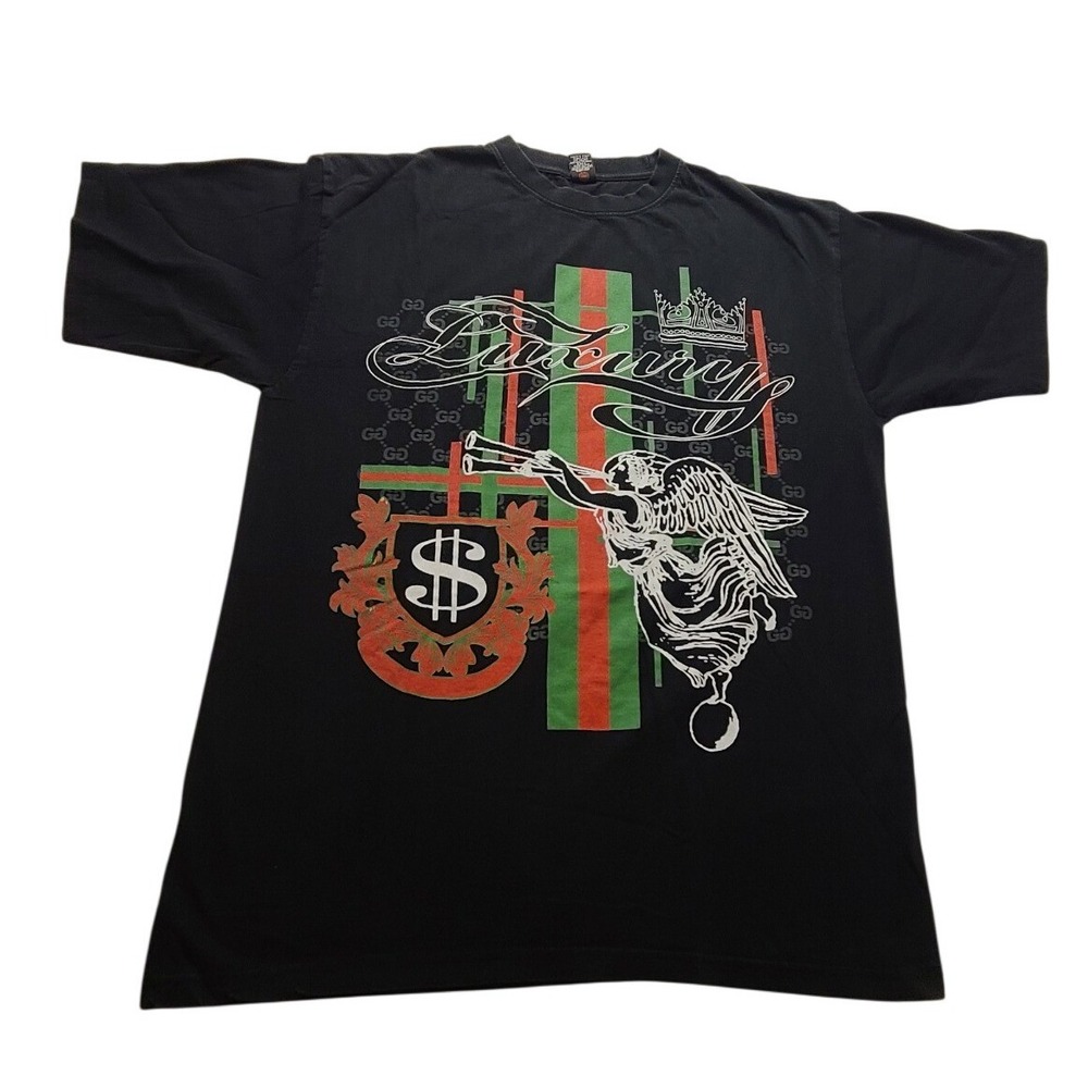 Noiz Men's Luxury Graphic T-Shirt XL Black Heavyweight Angel Crown Streetwear